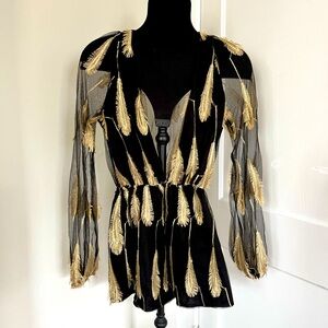 Small, long sleeve black and gold feathers romper